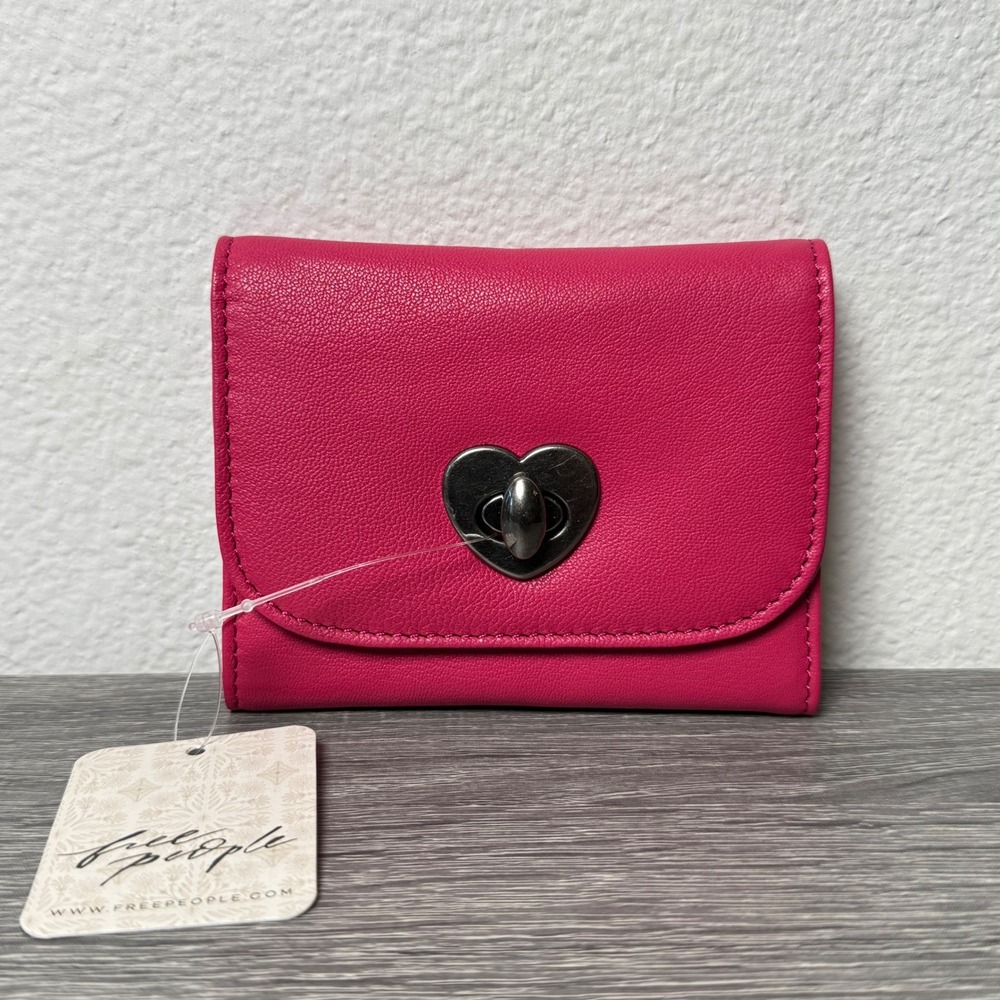 Free People Lock It Up Leather Wallet Pink Heart Turn Lock Trifold Card Holder